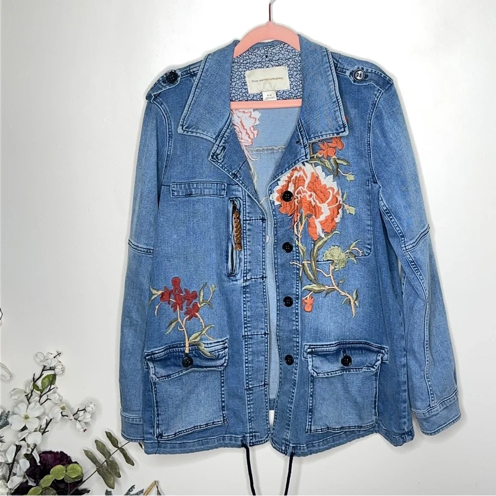 Anthropologie Light Blue Denim Jacket with Orange Floral Embroidery